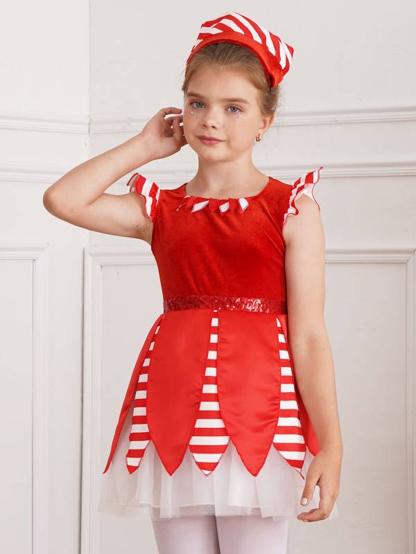 Kids Girls Christmas Cap Sleeve Sequins Stripes Velvet Tutu Dress with Hat thumb