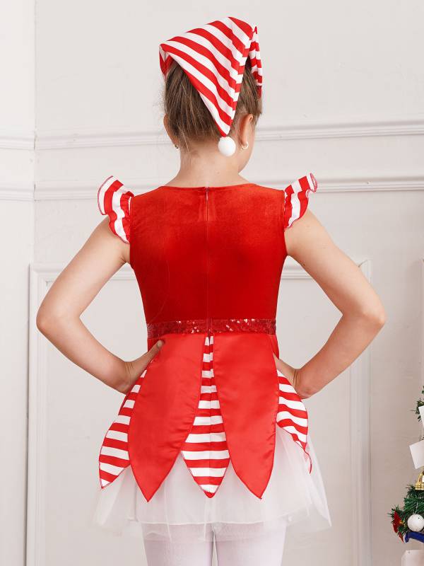 Kids Girls Christmas Cap Sleeve Sequins Stripes Velvet Tutu Dress with Hat thumb