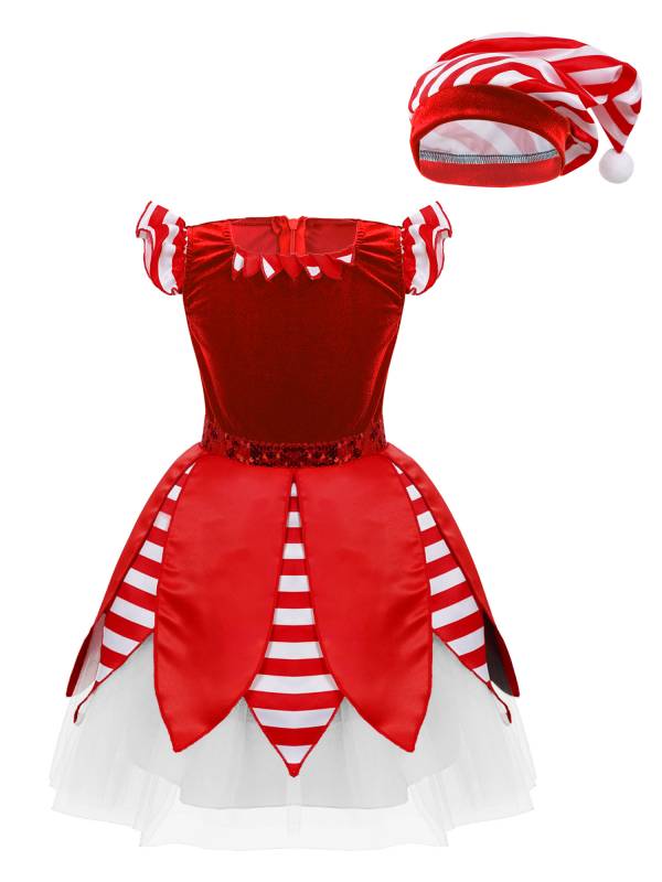 Kids Girls Christmas Cap Sleeve Sequins Stripes Velvet Tutu Dress with Hat thumb