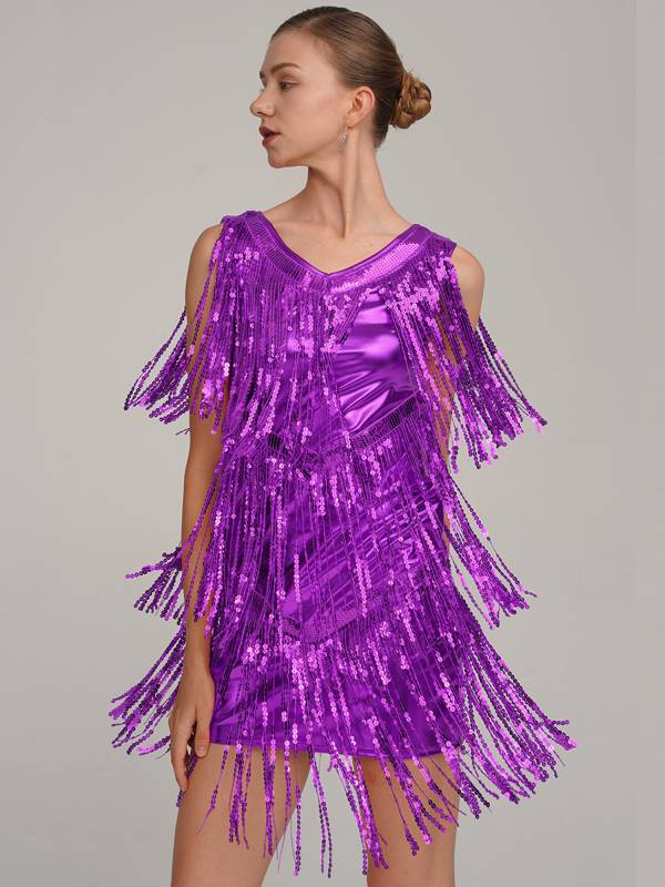 Women Sleeveless Sequin Tassels Ballroom Latin Dance Dress thumb
