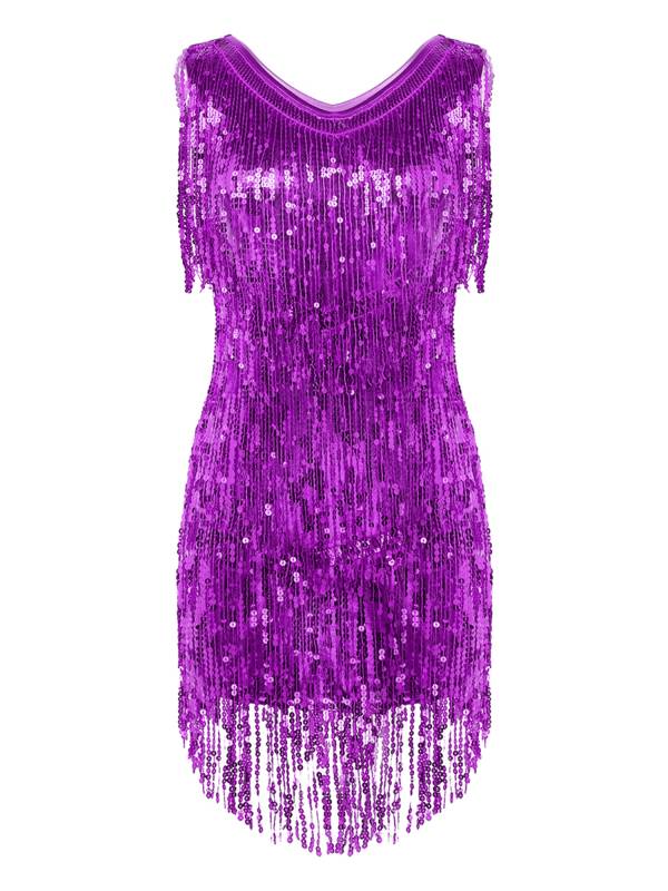 Women Sleeveless Sequin Tassels Ballroom Latin Dance Dress thumb