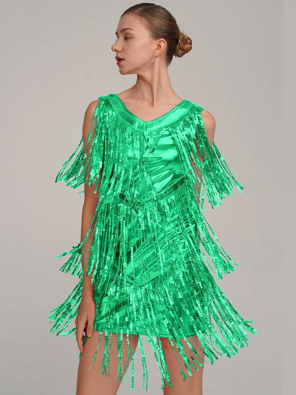 Women Sleeveless Sequin Tassels Ballroom Latin Dance Dress thumb