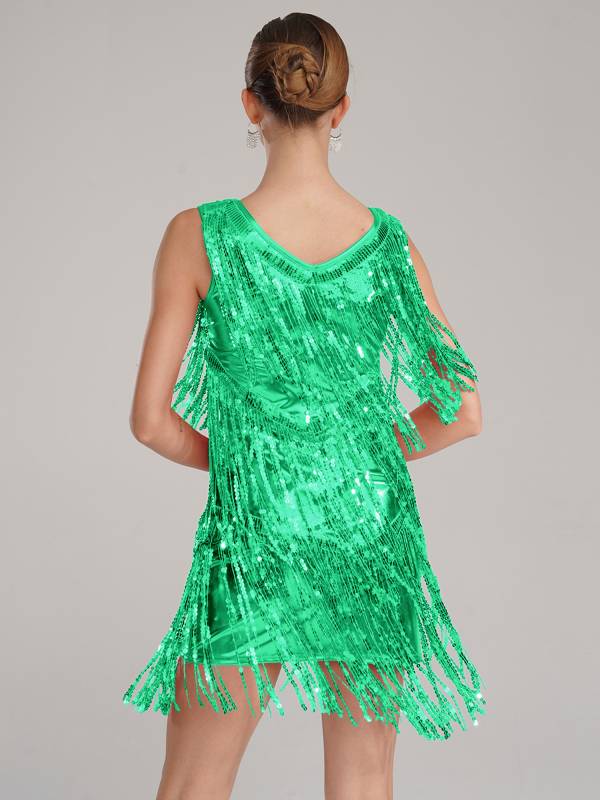 Women Sleeveless Sequin Tassels Ballroom Latin Dance Dress thumb