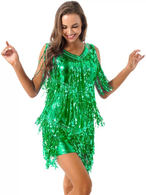 Women Sleeveless Sequin Tassels Ballroom Latin Dance Dress thumb
