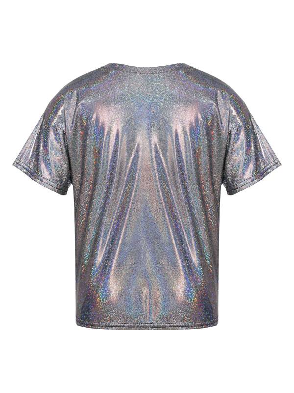 Kids Girls and Boys Short Sleeve Metallic Shiny Jazz Dance T-shirt thumb