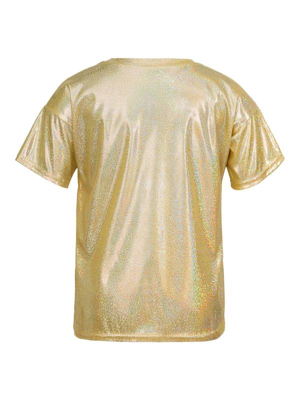 Kids Girls and Boys Short Sleeve Metallic Shiny Jazz Dance T-shirt thumb