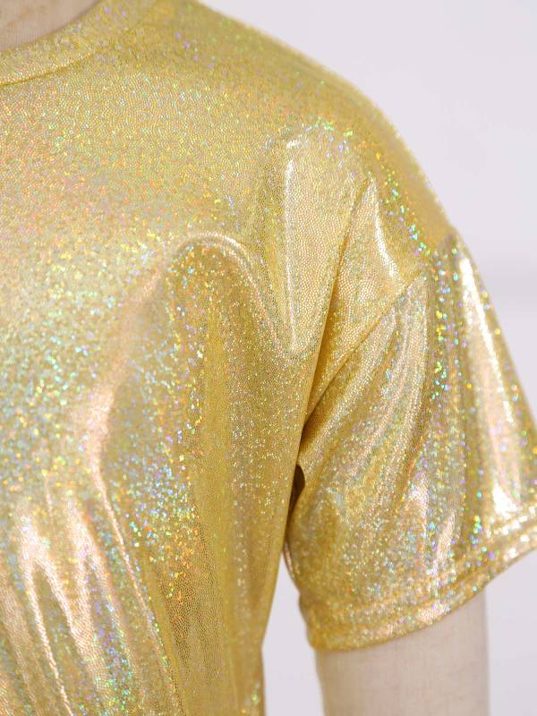 Kids Girls and Boys Short Sleeve Metallic Shiny Jazz Dance T-shirt thumb
