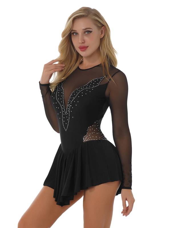 Women Shiny Rhinestone Ruffle Skirted Figure Skating Leotard Dress thumb
