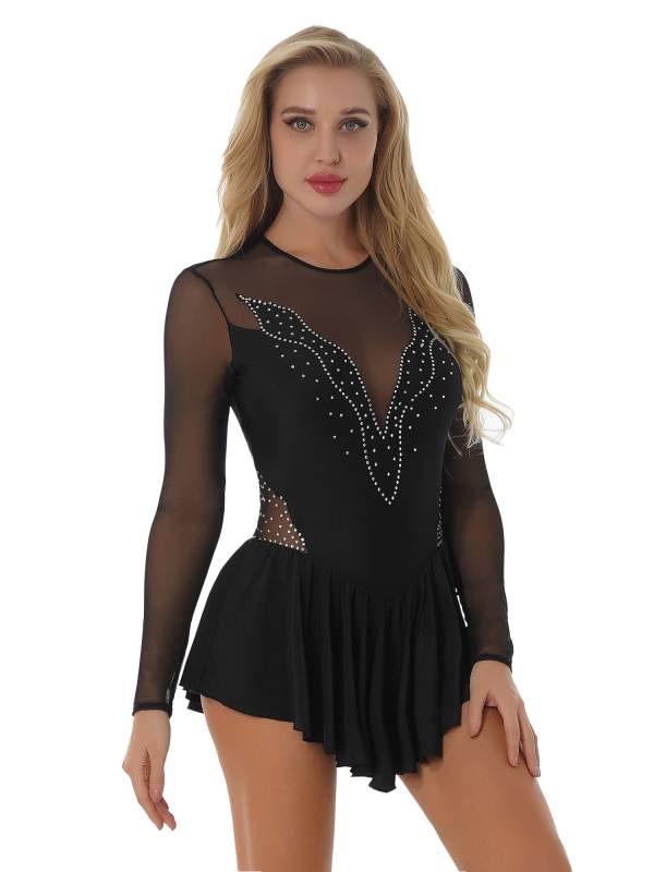 Women Shiny Rhinestone Ruffle Skirted Figure Skating Leotard Dress thumb