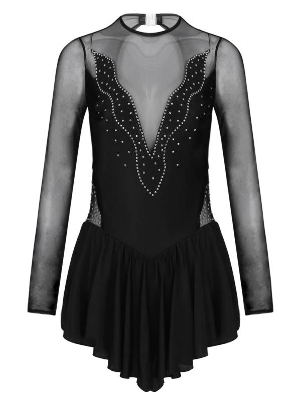 Women Shiny Rhinestone Ruffle Skirted Figure Skating Leotard Dress thumb