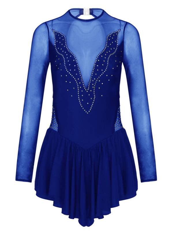 Women Shiny Rhinestone Ruffle Skirted Figure Skating Leotard Dress thumb
