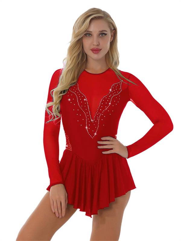 Women Shiny Rhinestone Ruffle Skirted Figure Skating Leotard Dress thumb