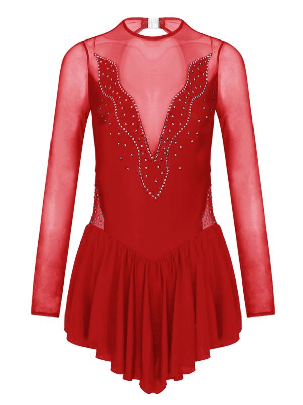 Women Shiny Rhinestone Ruffle Skirted Figure Skating Leotard Dress thumb