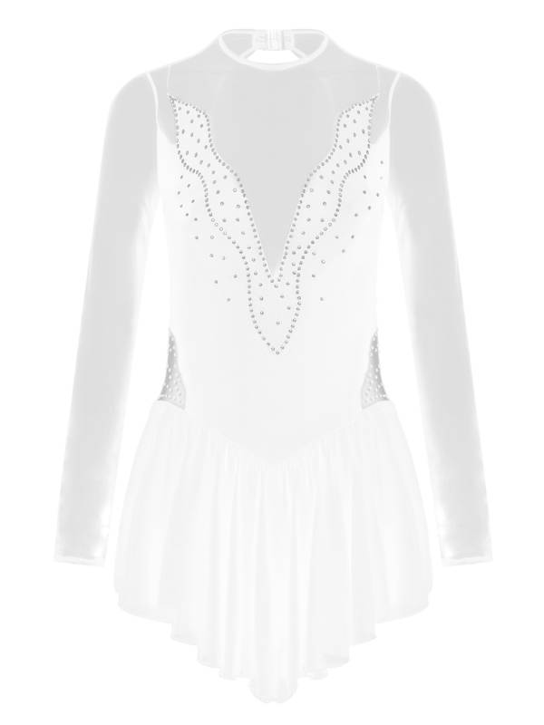 Women Shiny Rhinestone Ruffle Skirted Figure Skating Leotard Dress thumb