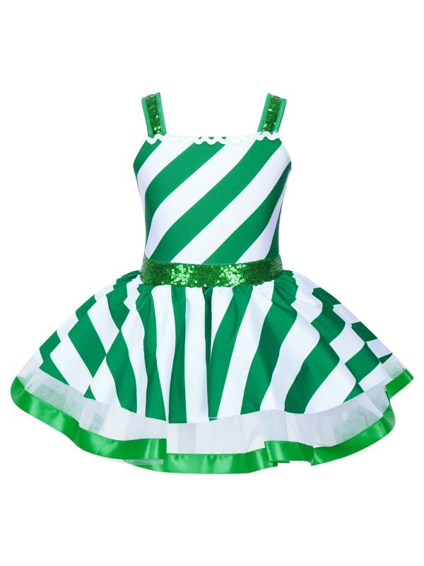 Kids Girls Christmas Sleeveless Sequins Striped Twirling Leotard Dress thumb