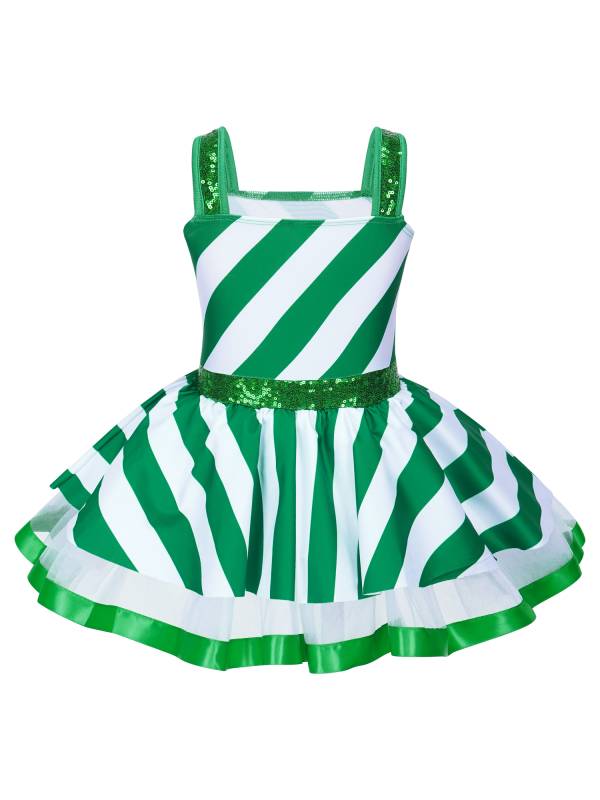 Kids Girls Christmas Sleeveless Sequins Striped Twirling Leotard Dress thumb