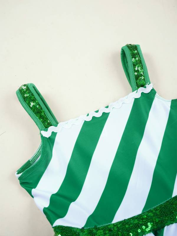 Kids Girls Christmas Sleeveless Sequins Striped Twirling Leotard Dress thumb