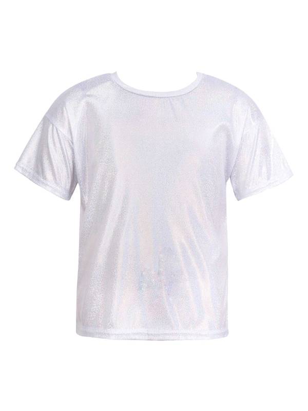Kids Girls and Boys Short Sleeve Metallic Shiny Jazz Dance T-shirt thumb