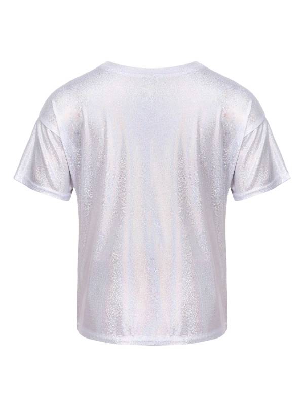 Kids Girls and Boys Short Sleeve Metallic Shiny Jazz Dance T-shirt thumb