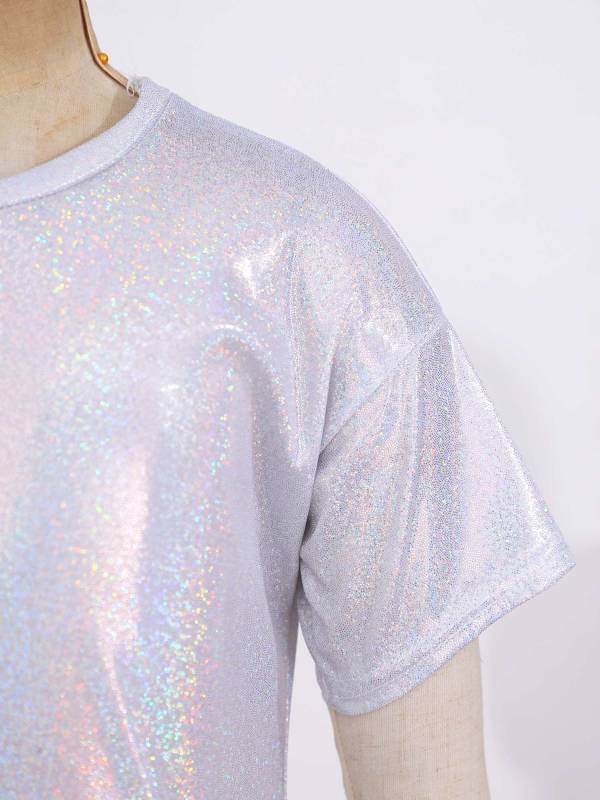 Kids Girls and Boys Short Sleeve Metallic Shiny Jazz Dance T-shirt thumb