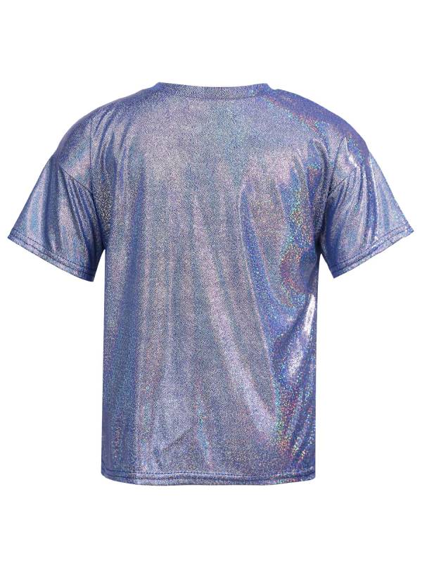 Kids Girls and Boys Short Sleeve Metallic Shiny Jazz Dance T-shirt thumb