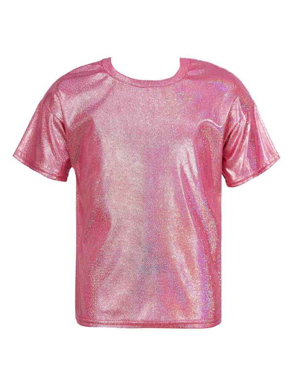 Kids Girls and Boys Short Sleeve Metallic Shiny Jazz Dance T-shirt thumb