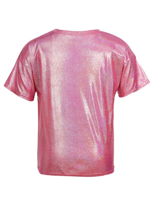 Kids Girls and Boys Short Sleeve Metallic Shiny Jazz Dance T-shirt thumb
