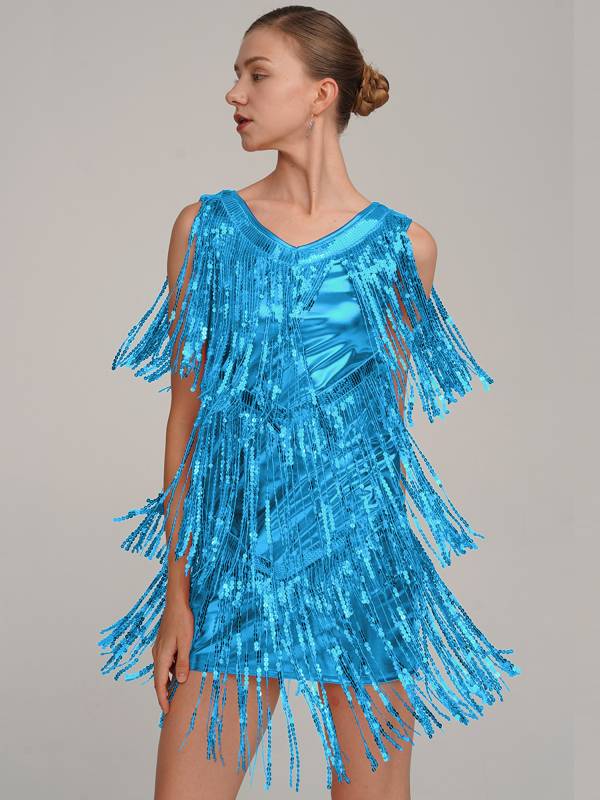 Women Sleeveless Sequin Tassels Ballroom Latin Dance Dress thumb