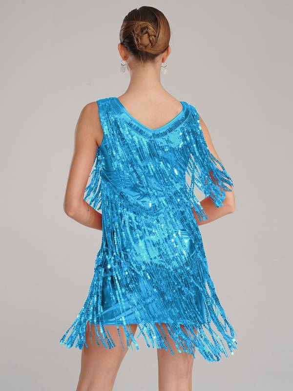 Women Sleeveless Sequin Tassels Ballroom Latin Dance Dress thumb