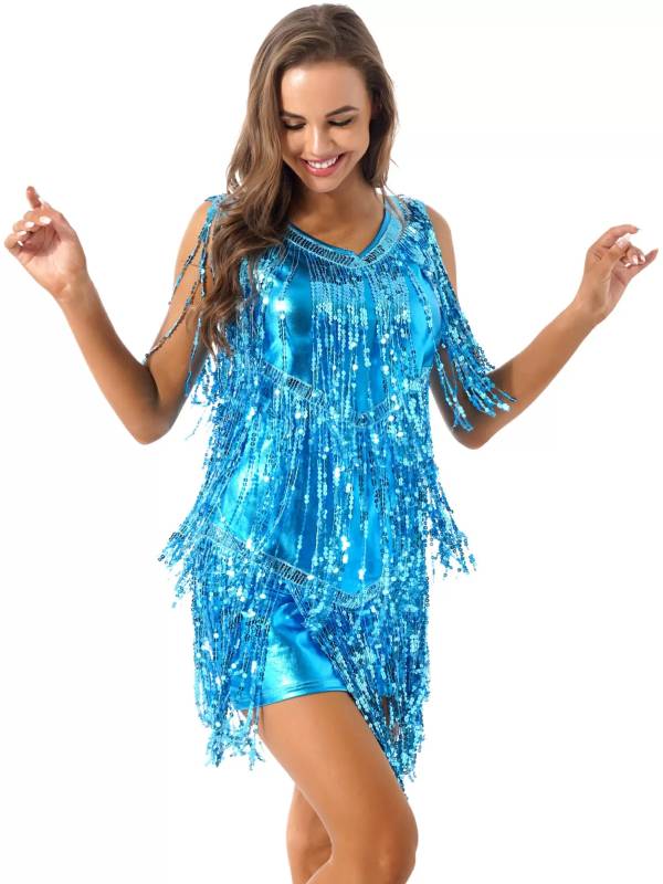 Women Sleeveless Sequin Tassels Ballroom Latin Dance Dress thumb