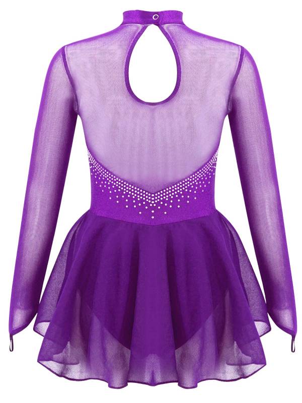 Kids Girls Long Sleeve Hollow Back Skating Dance Leotard Dress thumb