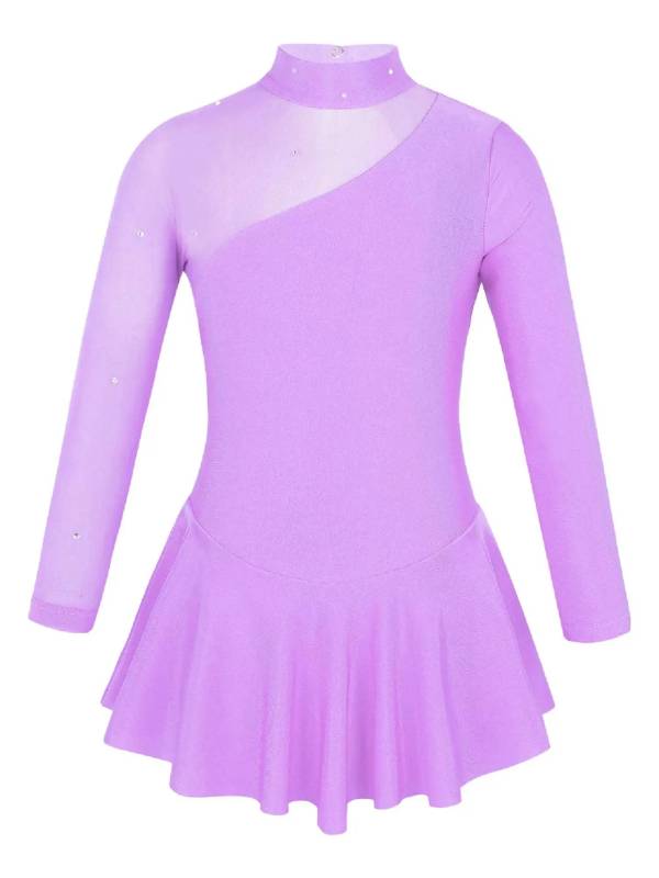 Kids Girls Long Sleeves Tulle Ice Skating Roller Skating Leotard Dress thumb