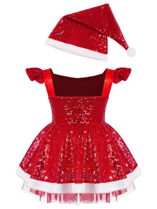 Girls Christmas Flutter Sleeve Sequins Faux Fur Trim A-line Dress with Hat thumb