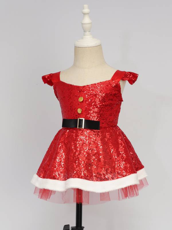 Girls Christmas Flutter Sleeve Sequins Faux Fur Trim A-line Dress with Hat thumb
