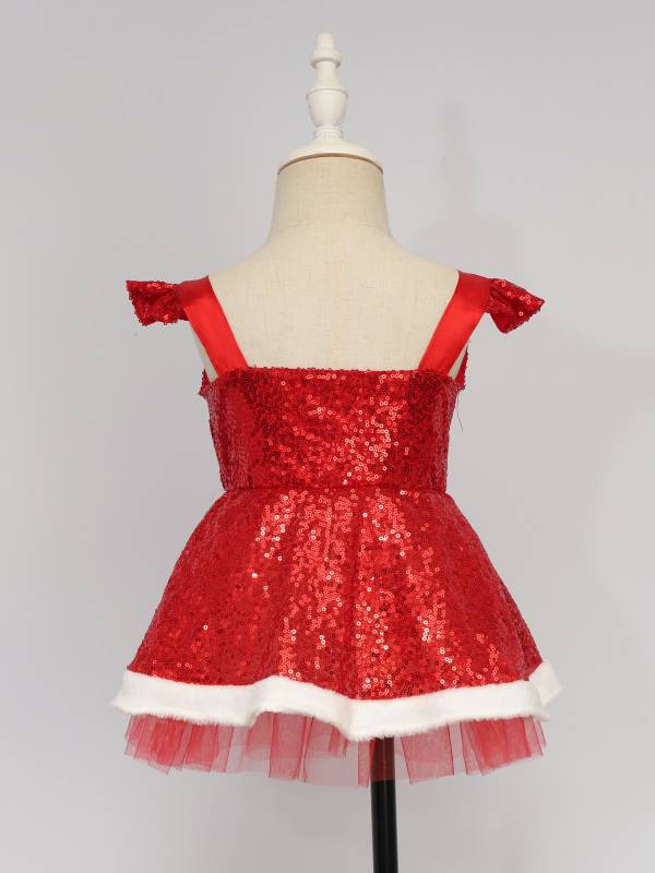 Girls Christmas Flutter Sleeve Sequins Faux Fur Trim A-line Dress with Hat thumb