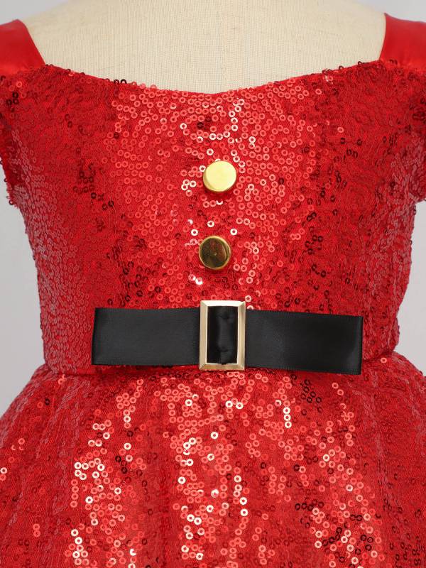 Girls Christmas Flutter Sleeve Sequins Faux Fur Trim A-line Dress with Hat thumb