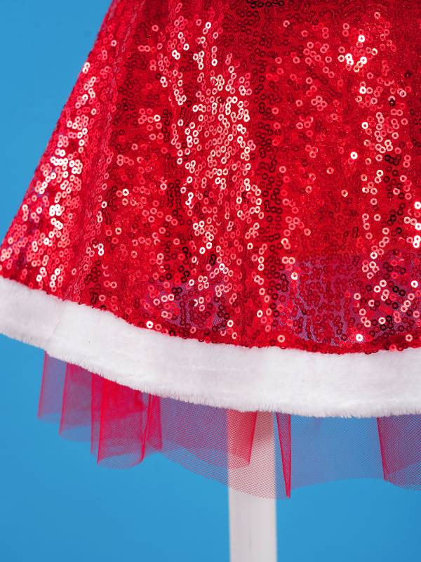 Girls Christmas Flutter Sleeve Sequins Faux Fur Trim A-line Dress with Hat thumb