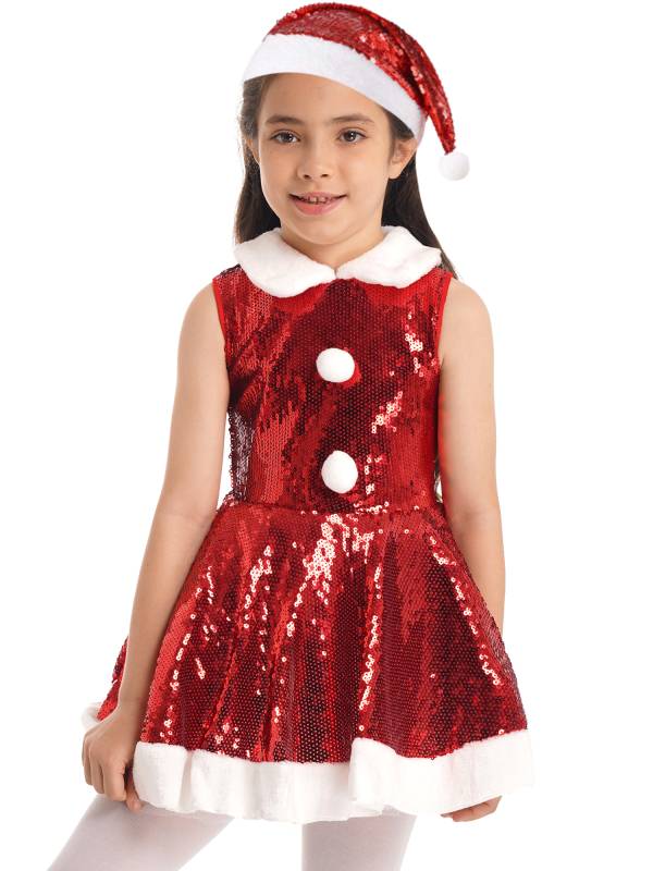 Kids Girls Christmas Sleeveless Sequins A-line Dress with Hat thumb