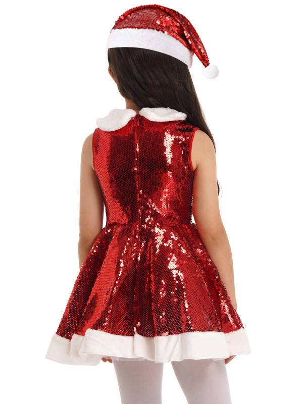 Kids Girls Christmas Sleeveless Sequins A-line Dress with Hat thumb