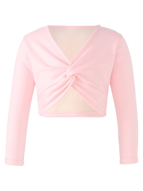 Kids Girls Long Sleeve Knot Ruch Front Solid Color Dance Top thumb
