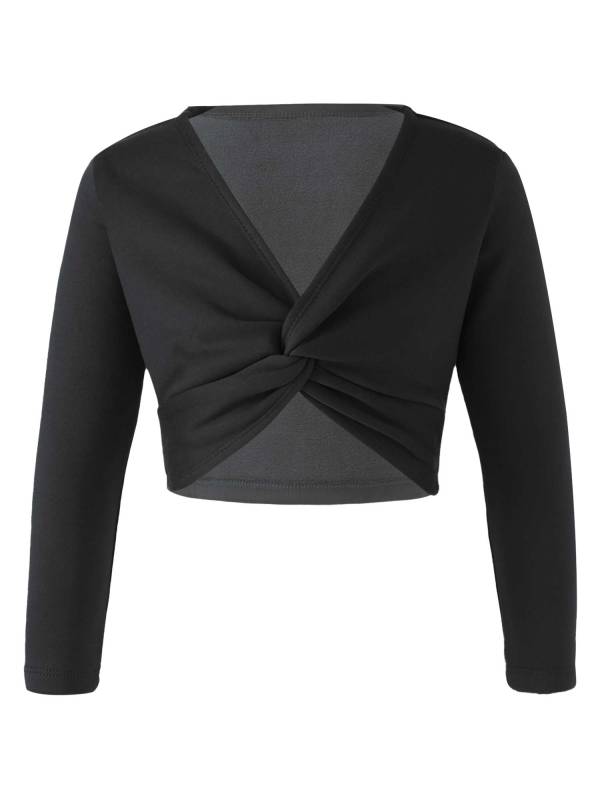 Kids Girls Long Sleeve Knot Ruch Front Solid Color Dance Top thumb