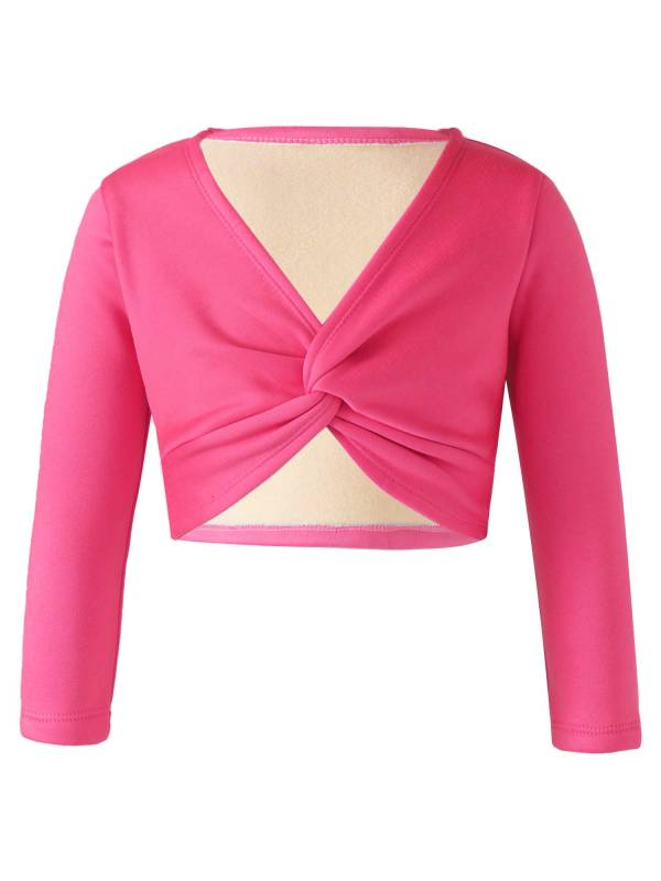 Kids Girls Long Sleeve Knot Ruch Front Solid Color Dance Top thumb