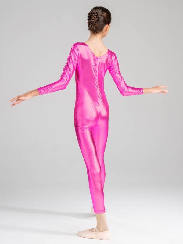 Kids Girls Glossy Long Sleeves Gymnastics Unitard Jumpsuit thumb