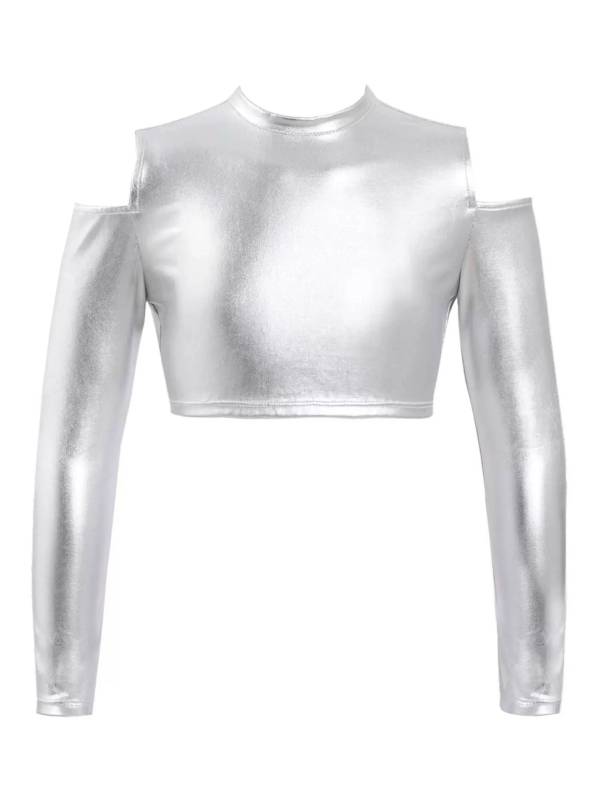 Kids Girls Long Sleeves Cold Shoulder Glossy Metallic Jazz Crop Top thumb