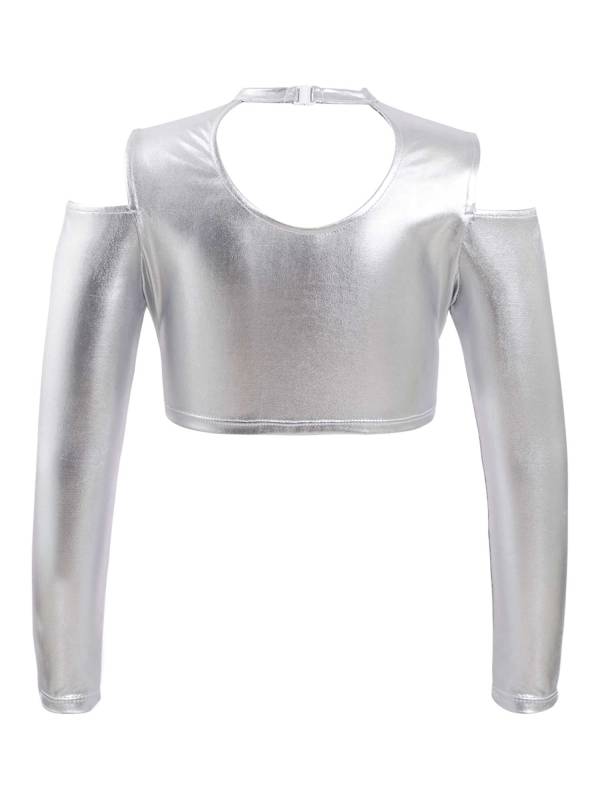 Kids Girls Long Sleeves Cold Shoulder Glossy Metallic Jazz Crop Top thumb
