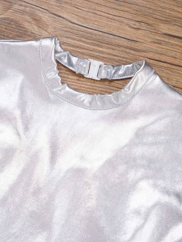 Kids Girls Long Sleeves Cold Shoulder Glossy Metallic Jazz Crop Top thumb