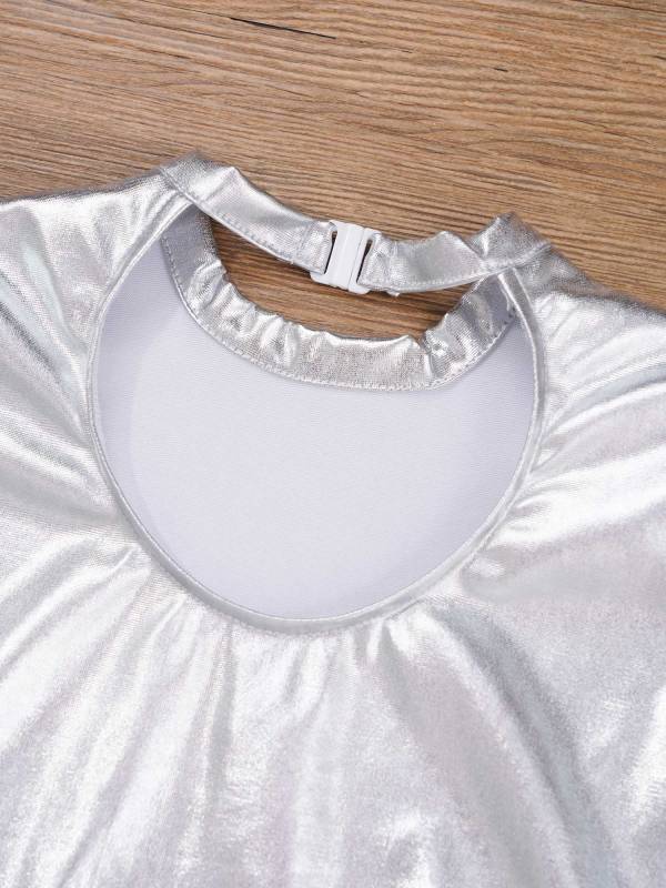 Kids Girls Long Sleeves Cold Shoulder Glossy Metallic Jazz Crop Top thumb