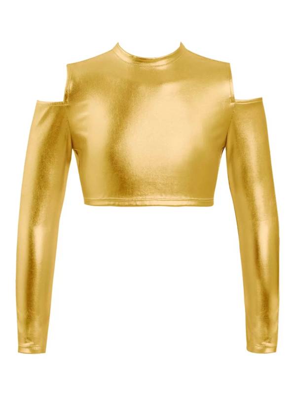 Kids Girls Long Sleeves Cold Shoulder Glossy Metallic Jazz Crop Top thumb