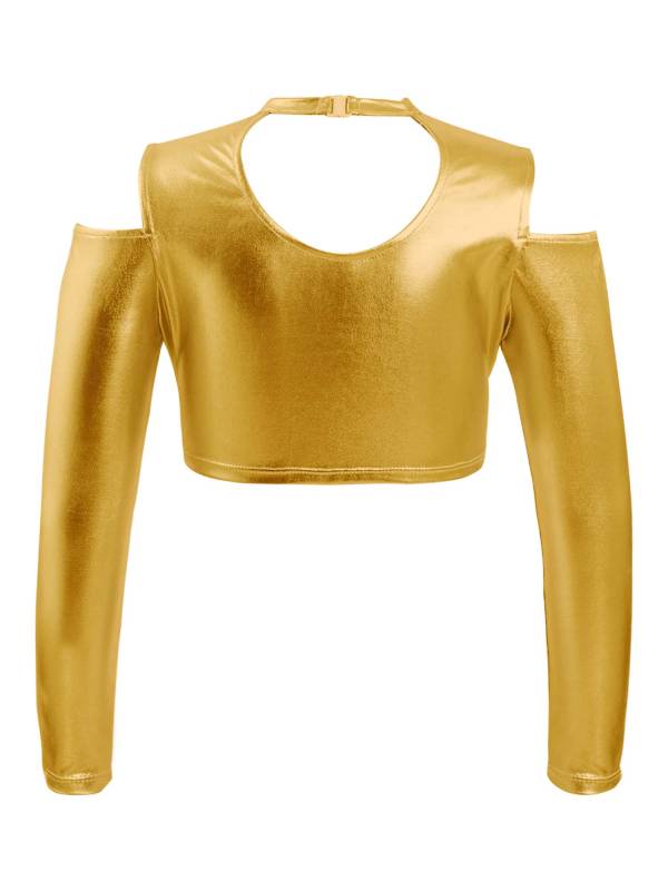 Kids Girls Long Sleeves Cold Shoulder Glossy Metallic Jazz Crop Top thumb
