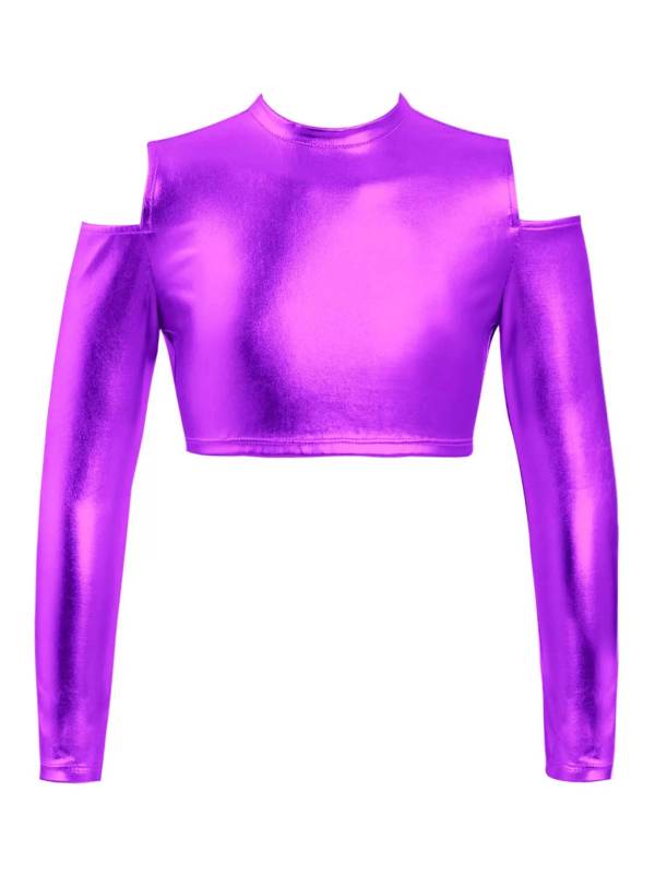 Kids Girls Long Sleeves Cold Shoulder Glossy Metallic Jazz Crop Top thumb